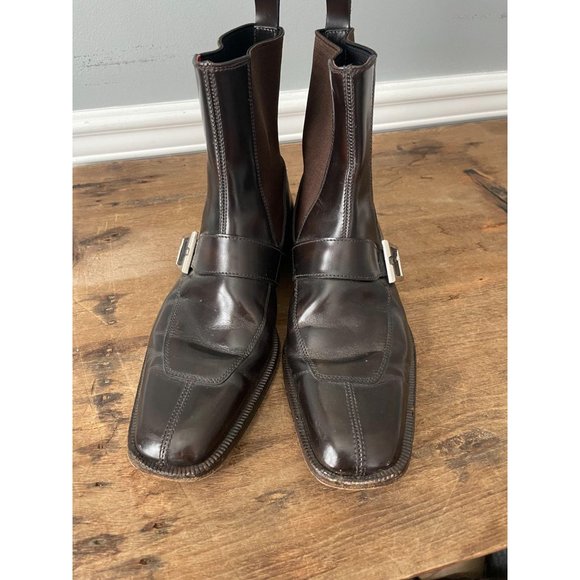 VERSACE Men's Brown Stretch Leather Buckle Boots - Picture 2 of 9